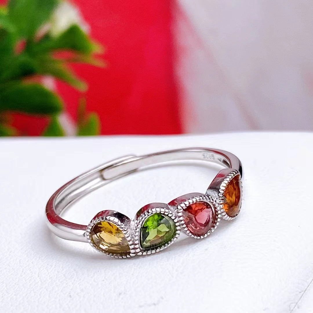 New natural tourmaline color ring inlaid with 925 silver female ring