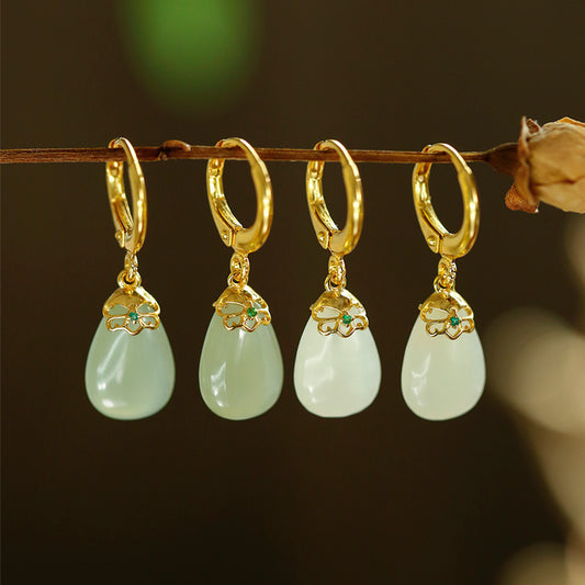 Boucles d'oreilles goutte d'eau incrustées d'argent S925, boucles d'oreilles en jade vert et boucles d'oreilles en jade blanc Tian