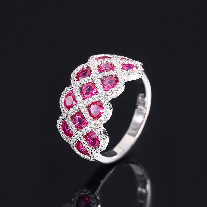 S925 Full body Silver Simulated Colorful Treasure Handmade Diamond Set Ring Closed Ring