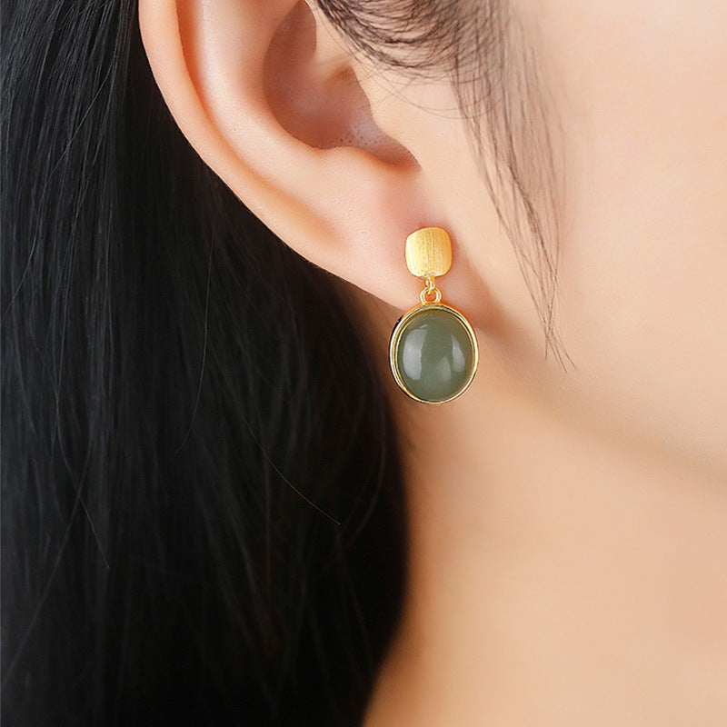 Pendientes con forma de huevo de jade azul con incrustaciones de oro y baño de plata S925, exquisitos y sencillos