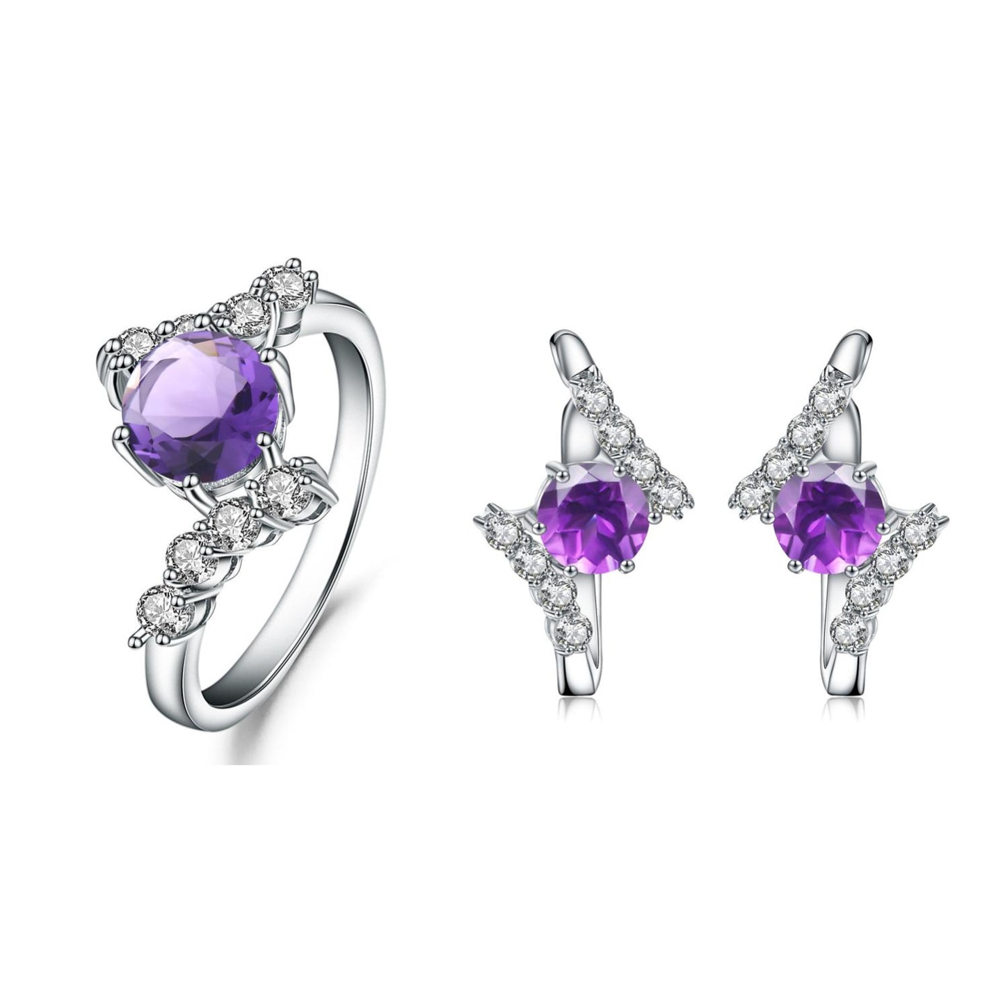 Ensemble de boucles d'oreilles en argent S925 personnalisé avec bague en améthyste naturelle, ensemble de deux pièces incrustées de bijoux au trésor naturel coloré