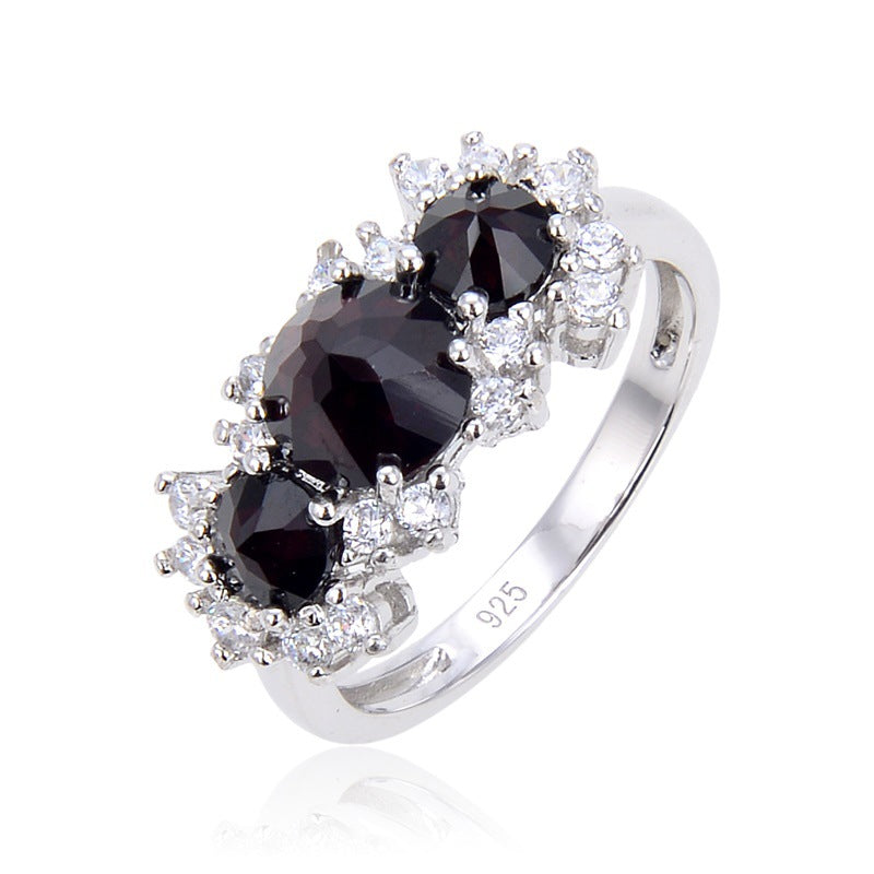 Natural stone ring female retro s925 silver inlaid gem ring