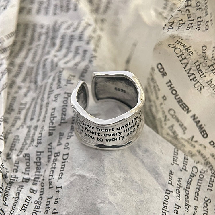 [DF] Bague à motif de vague de lettres lourdes vintage en argent pur S925 de style coréen - Bague ouverte avec une esthétique chic, bague d'index de déclaration avec vent de port