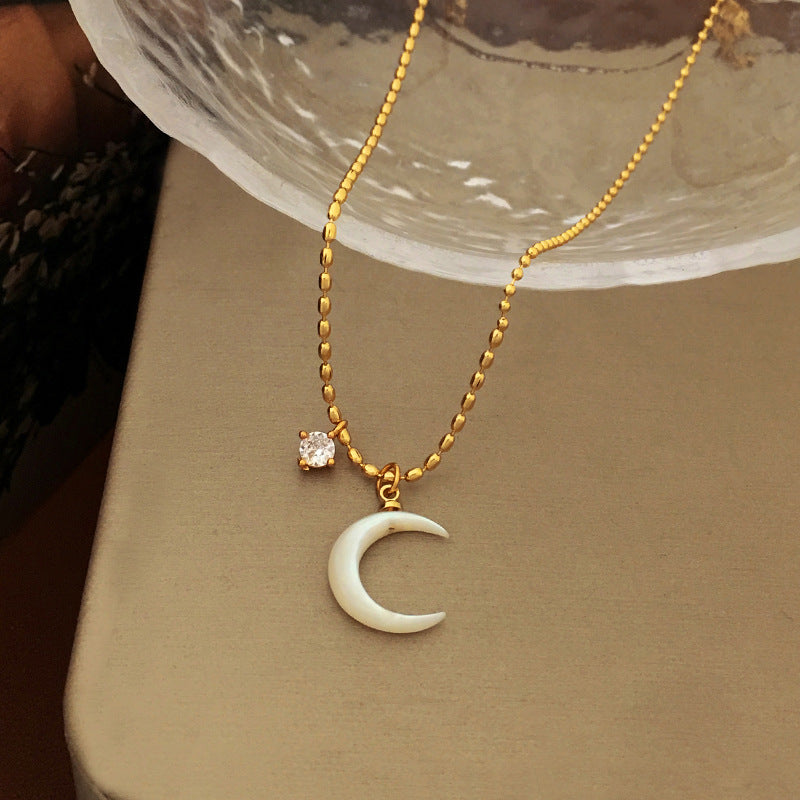 [DF]Copper plated real gold Korean simple moon design pendant necklace temperament niche trendy summer collarbone chain woman