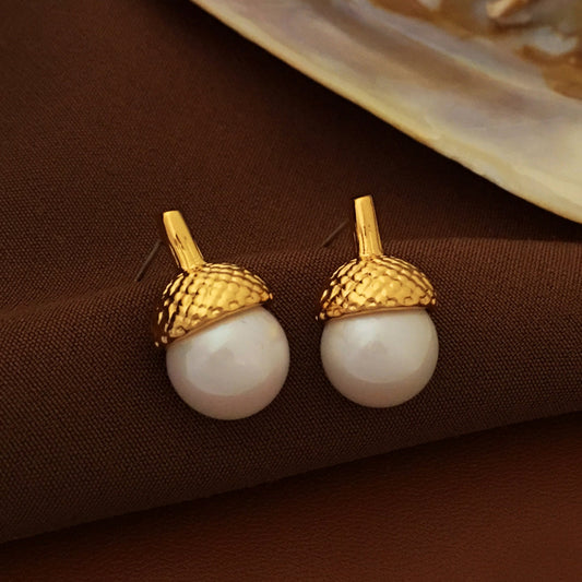 [DF]Copper-plated gold S925 silver needle South Korea personalized pine cone Pearl Earrings retro fashion ins ear accessories