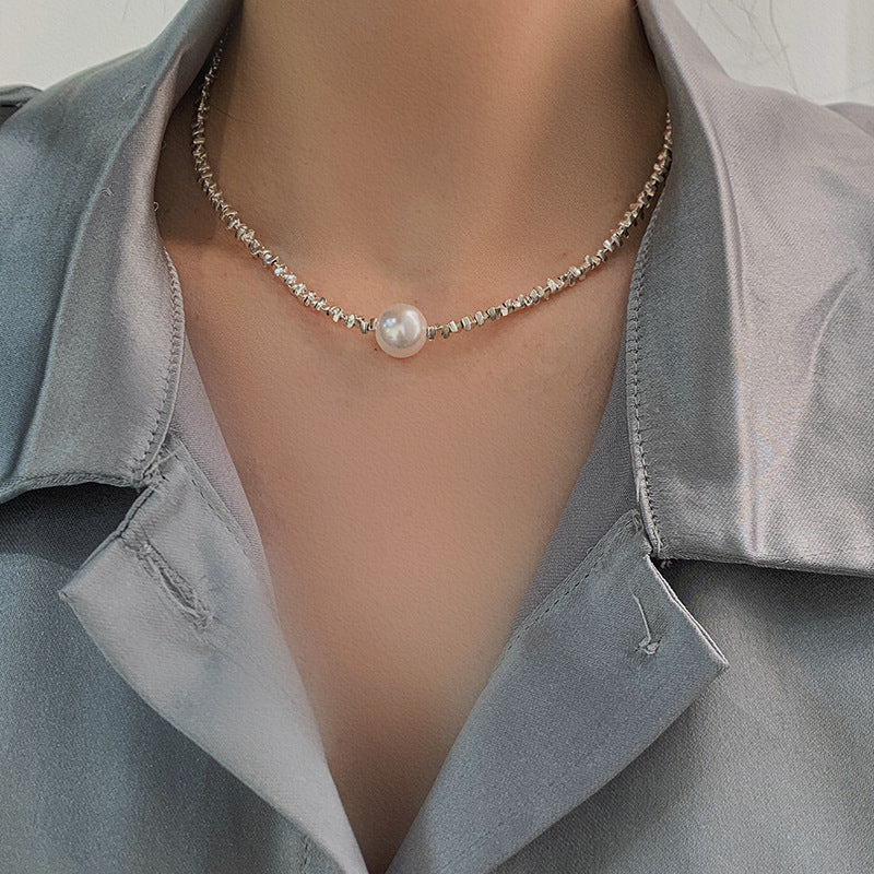 [DF]Elegant Shards: Sterling Silver Pearl Necklace - 10-12mm Radiant Round Luminescence Collar