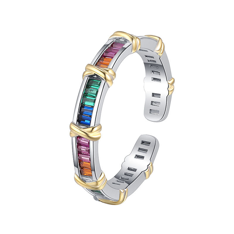 Bague croisée en argent sterling S925 avec zircon arc-en-ciel, design unique, exquis et polyvalent.