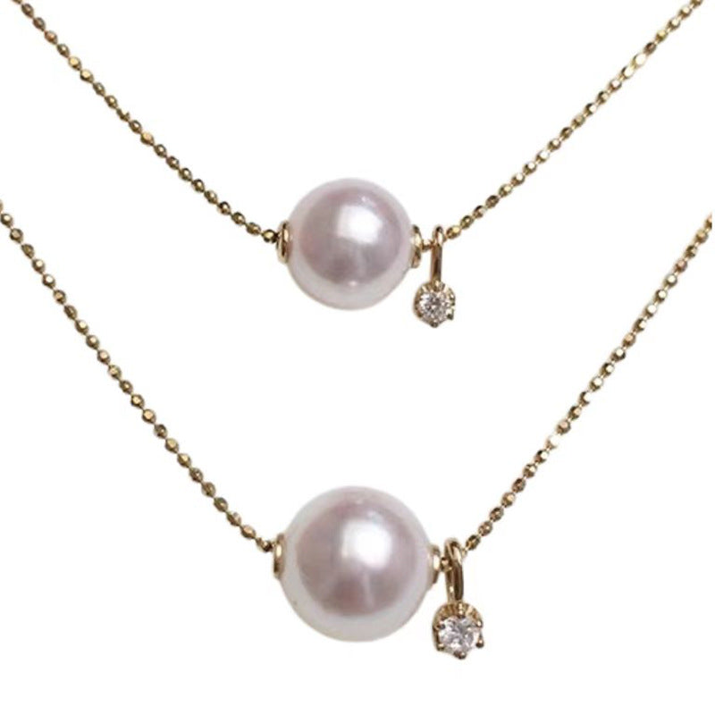 [DF]8-9mm Seawater Akoya Pearl Necklace with 18k Gold Accent Pendant - Classic and Versatile Fashion Statement