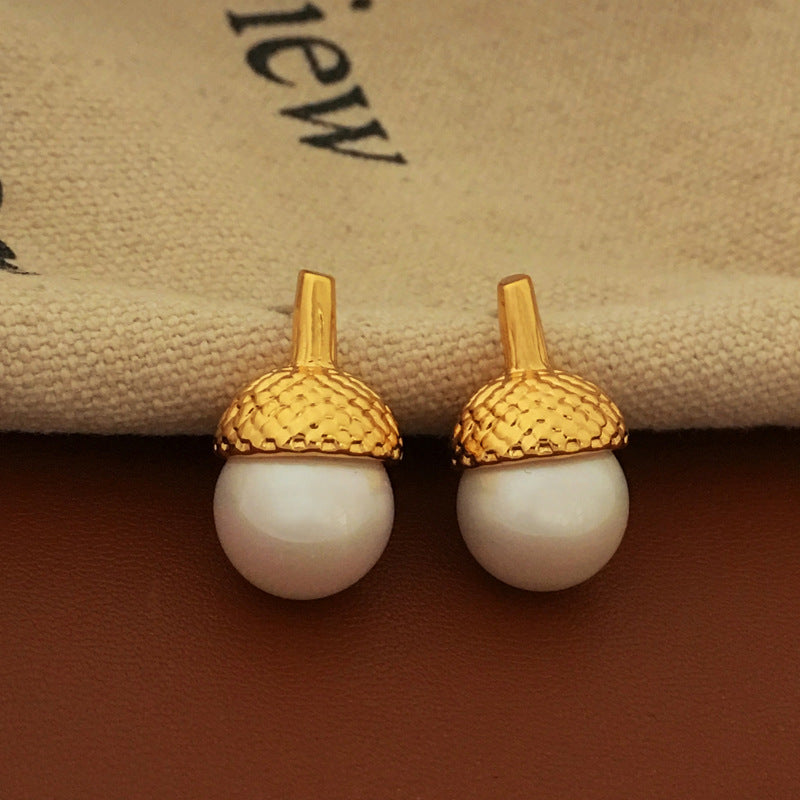 [DF]Pendientes de perlas de cono de pino personalizados de Corea del Sur con aguja de plata S925 bañados en cobre, accesorios de moda retro para las orejas