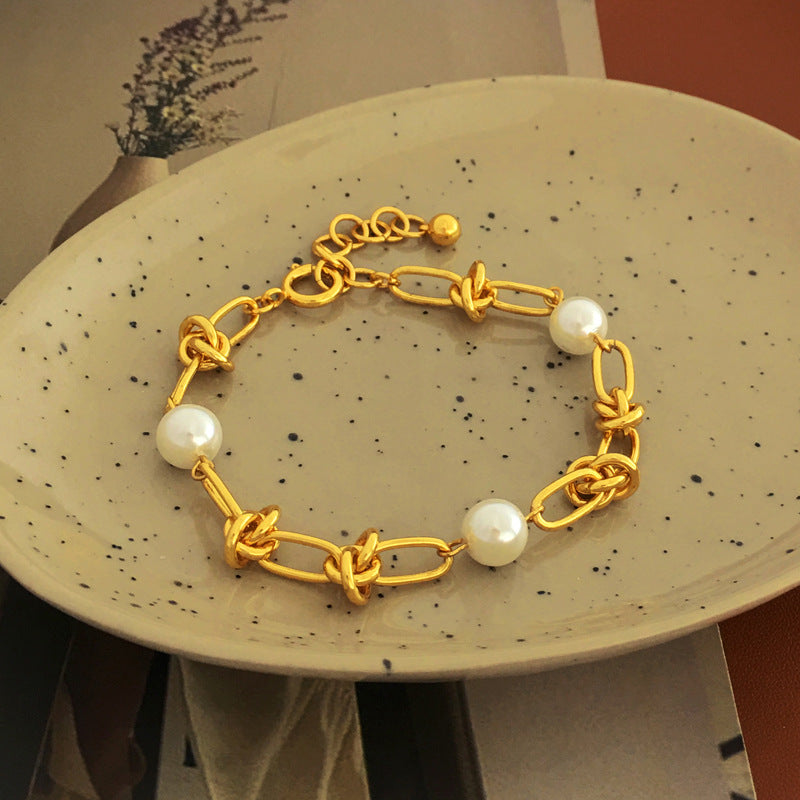 [DF]Copper-plated real gold personalized knot design necklace temperament Pearl Neck Bracelet summer trendy clavicle chain