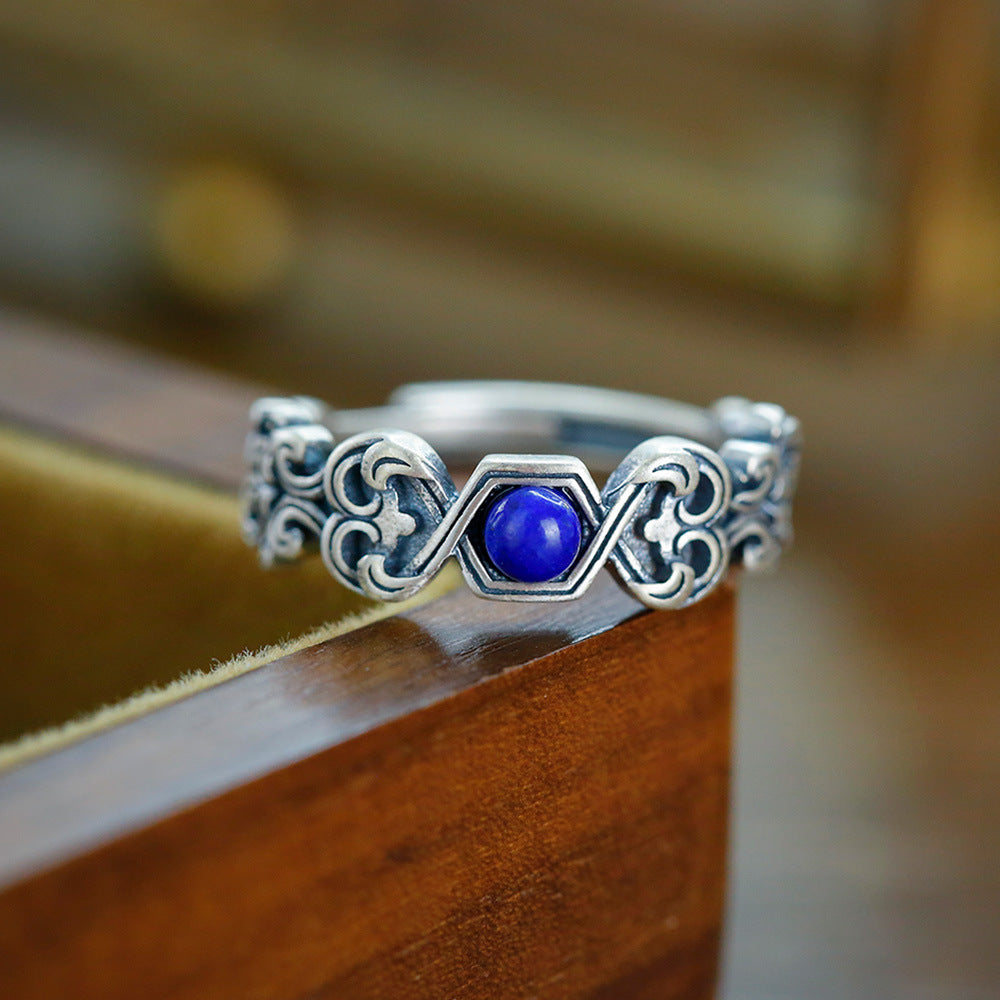 Bague lapis-lazuli en argent S925, style rétro et Vintage