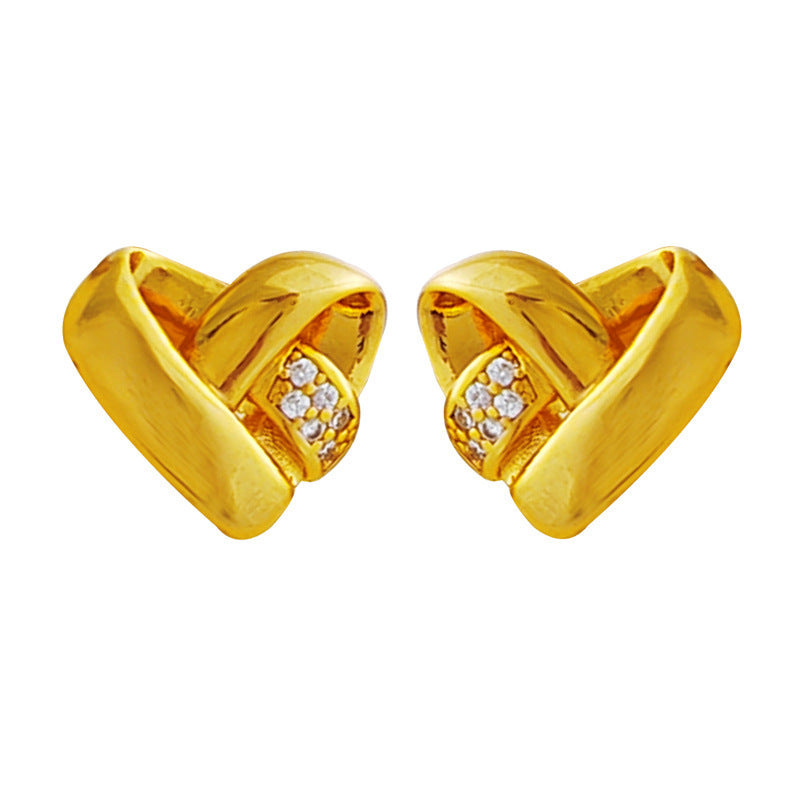 [DF] Cuivre plaqué or véritable S925 argent aiguille tempérament noeud conception amour boucles d'oreilles style incrusté ensemble boucles d'oreilles zircon boucles d'oreilles