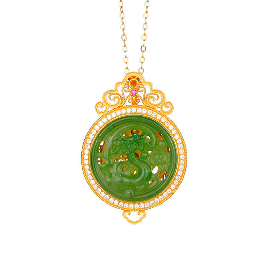 S925 Silver Plated Gold Inlaid and Tian Bi Jade Carved Hollow out Xiangyun Female Pendant