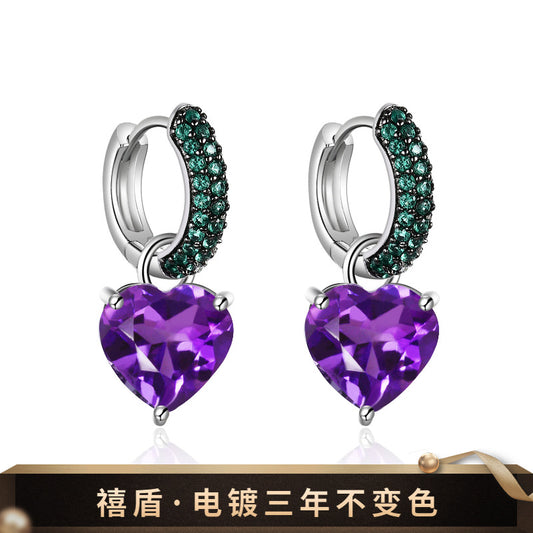 Boucles d'oreilles en pierres précieuses d'amour en argent sterling s925 incrustées de boucles d'oreilles en améthyste naturelle colorée