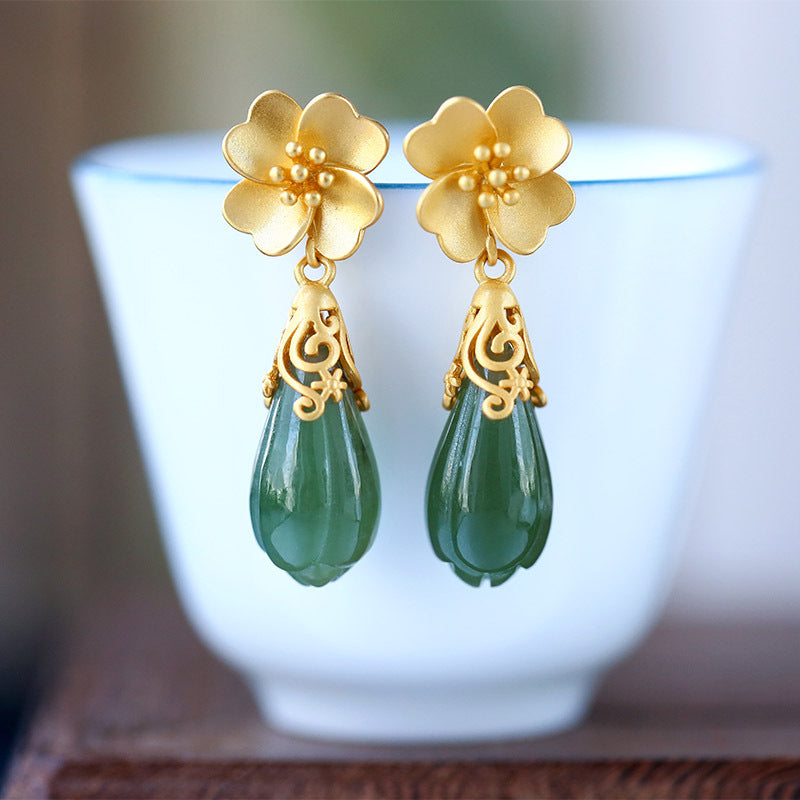 Boucles d'oreilles en argent plaqué or S925, incrustées de jaspe de jade hétien