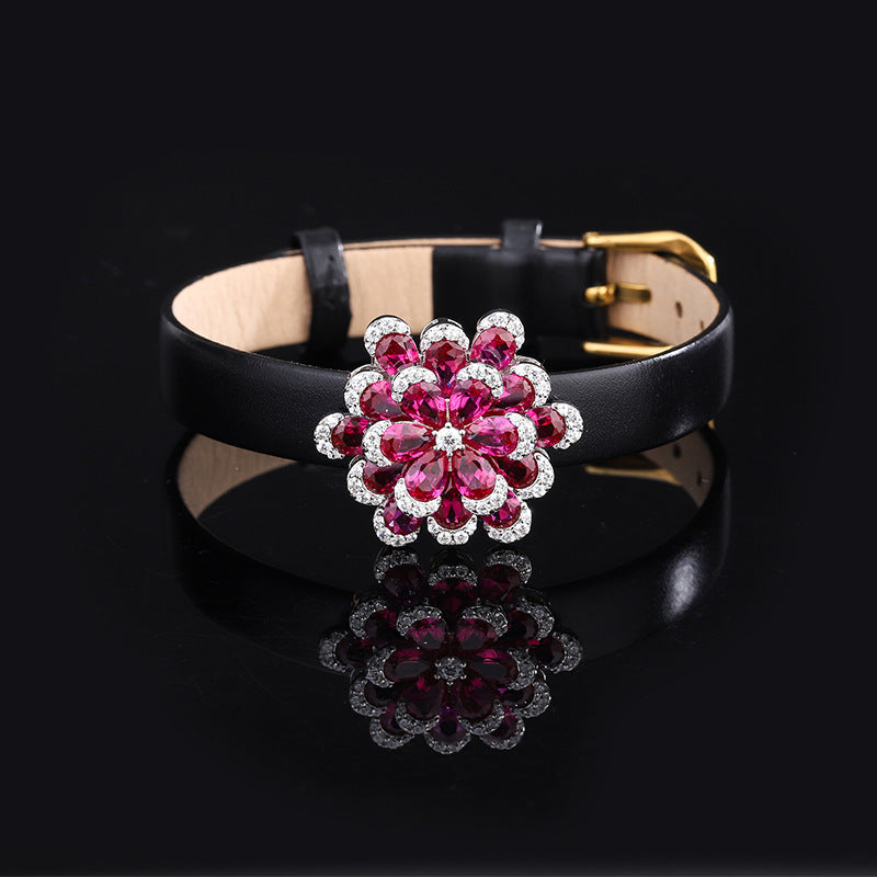 S925 Full body Silver Simulated Red Corundum Flower Set Jewelry