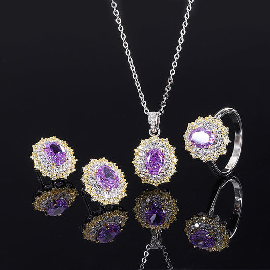 S925 all-over silver jewelry set, high carbon diamond, purple diamond, small pigeon egg color separation set, main 6*8