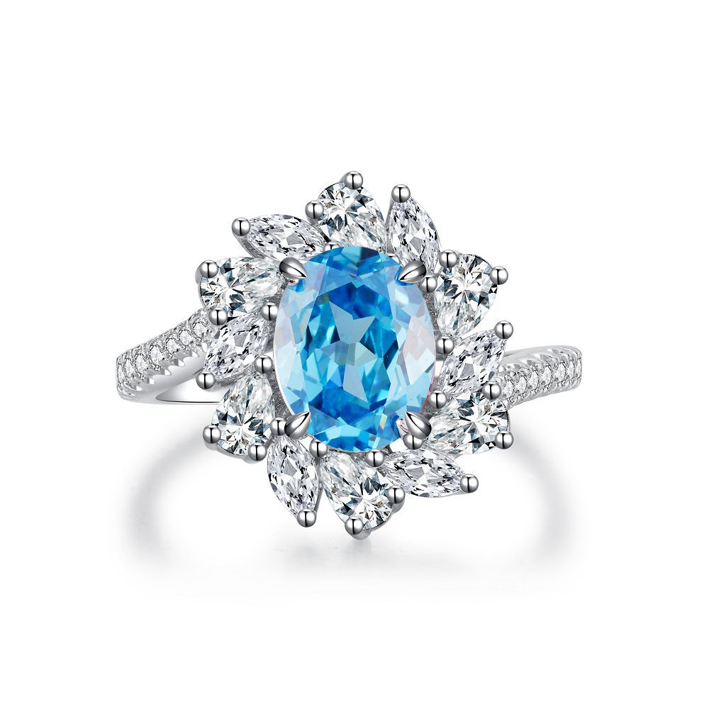 Bague coupe fleur de glace en argent S925, trésor bleu, Zircon, diamant à haute teneur en carbone, bague fleur de glace