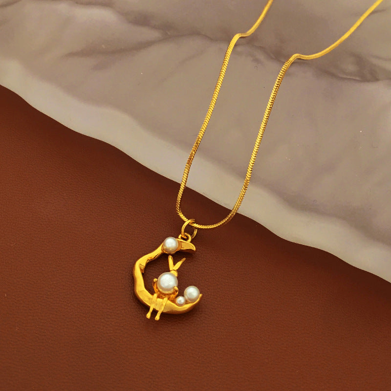 [DF]Independent design day Korea cartoon moon rabbit pendant necklace sweet ins wind pearl sweater necklace