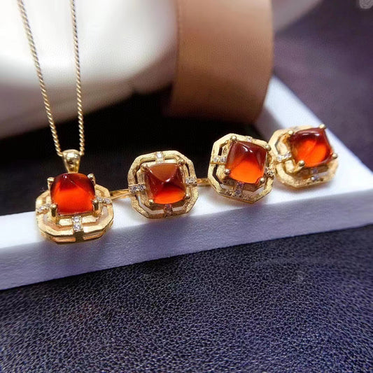 Natural garnet set Square ring earrings Pendant Vintage French three-piece set