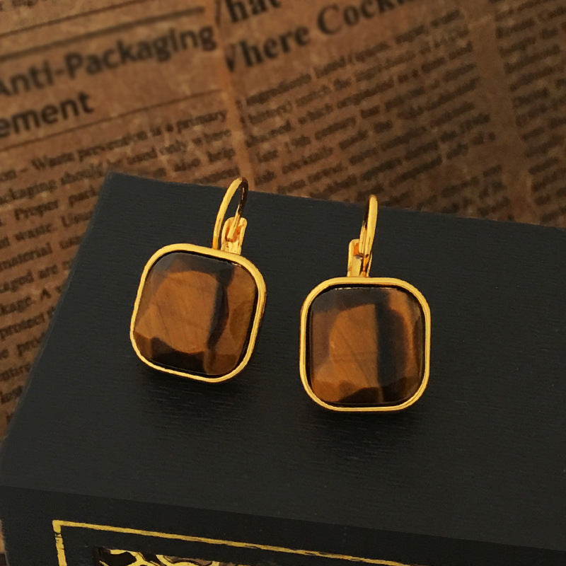 [DF]Copper plated real gold vintage Hong Kong style simple geometric square tiger's eye earrings, high-end sense of niche design earrings