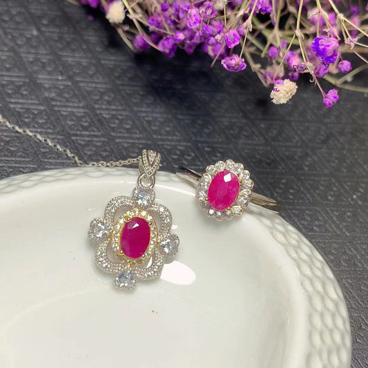 [DF]Natural Burmese Ruby Set with Oval Gemstone Ring and Pendant - Vintage Charm