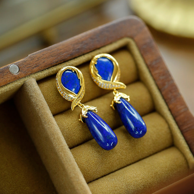 S925 silver inlaid lapis lazuli earrings and earrings