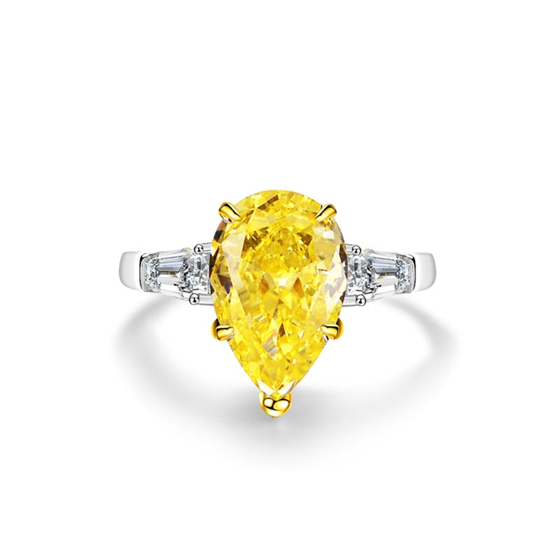 S925 Pure Silver Yellow Diamond Ring Women's Ice Flower 8A Zircon Ring Wedding Ring