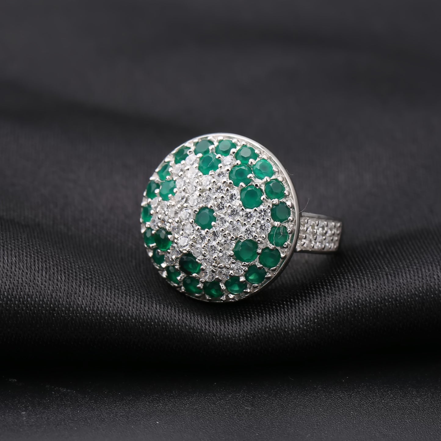 Anillo de ágata verde con gemas de colores retro, anillo de cristal de roca con incrustaciones de plata s925