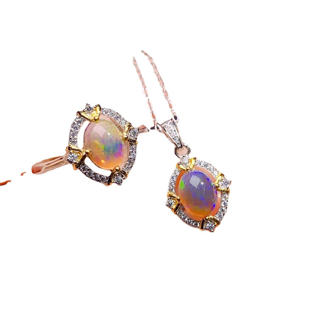 [DF]Natural Black Opal Jewelry Set - S925 Silver Setting, 6x8mm Gemstone, Hot Selling in Europe and America