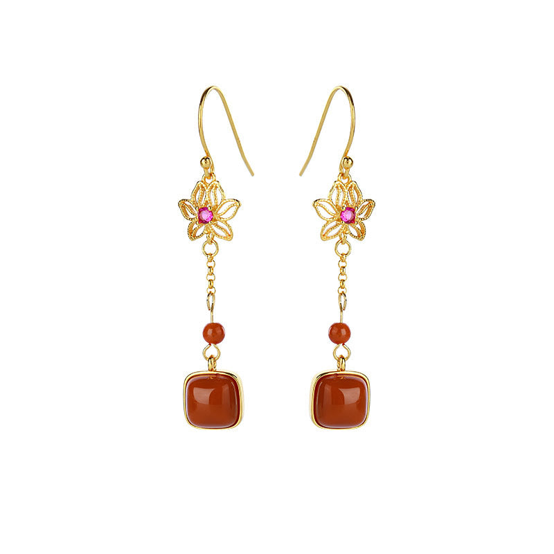 S925 silver-plated inlaid South Red Agate flower with exquisite and elegant earrings