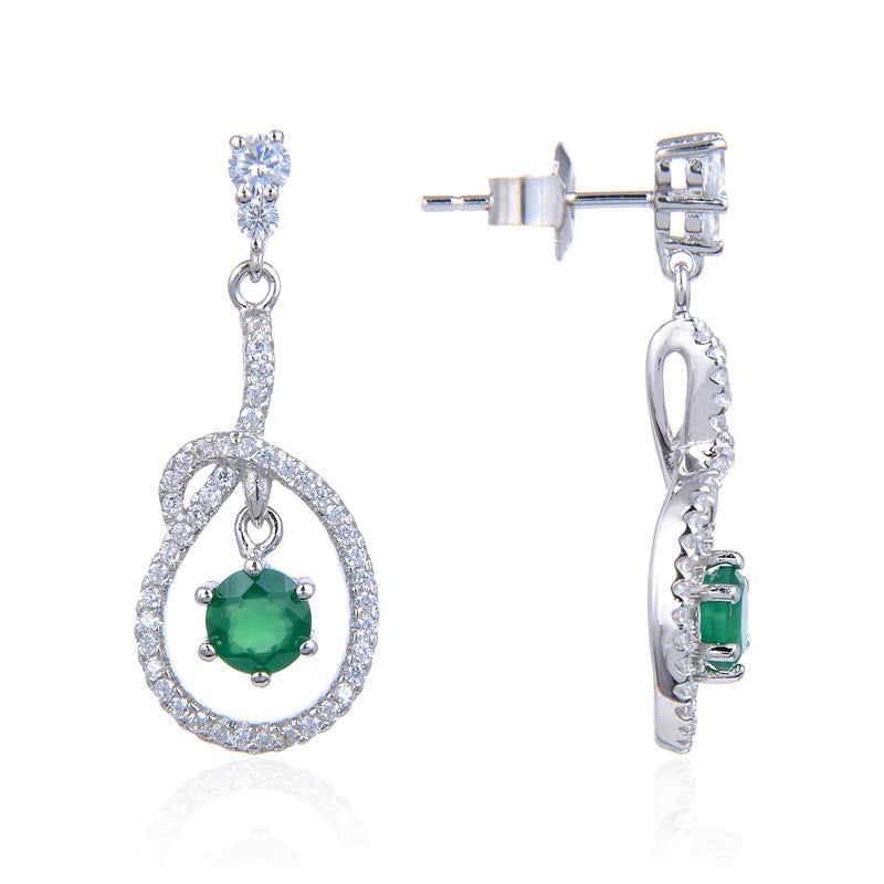 Boucles d'oreilles en pierre naturelle, personnalité de la mode européenne et américaine incrustée de pierres précieuses d'agate verte Boucles d'oreilles et clous d'oreilles en argent s925