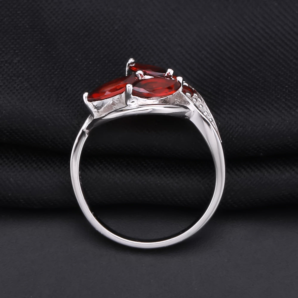 Design sense natural gem ring female s925 silver inlaid natural garnet ring