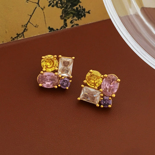 [DF]Copper plated genuine gold S925 silver needle with light luxury contrasting color design, zircon earrings with a temperament of ins. Wind fairy aura earrings for women