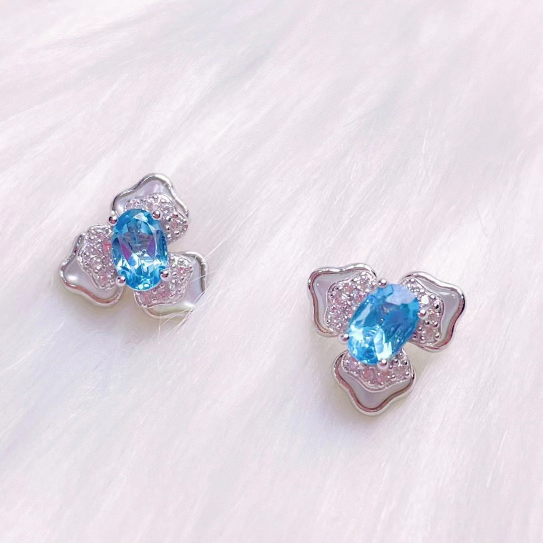 Pendientes de topacio blanco Fritillaria Pendientes de moda para mujer Joker con incrustaciones de plata S925 Topaz