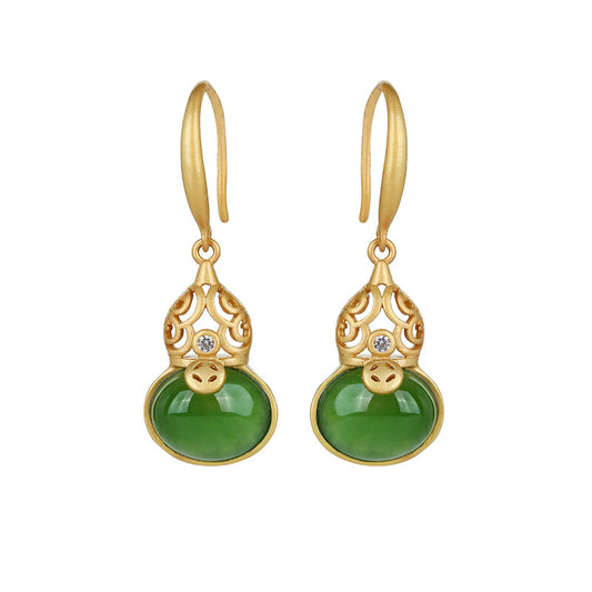 S925 Silver Plated Gold Inlaid Jade Earrings, Versatile and Versatile Female Earrings