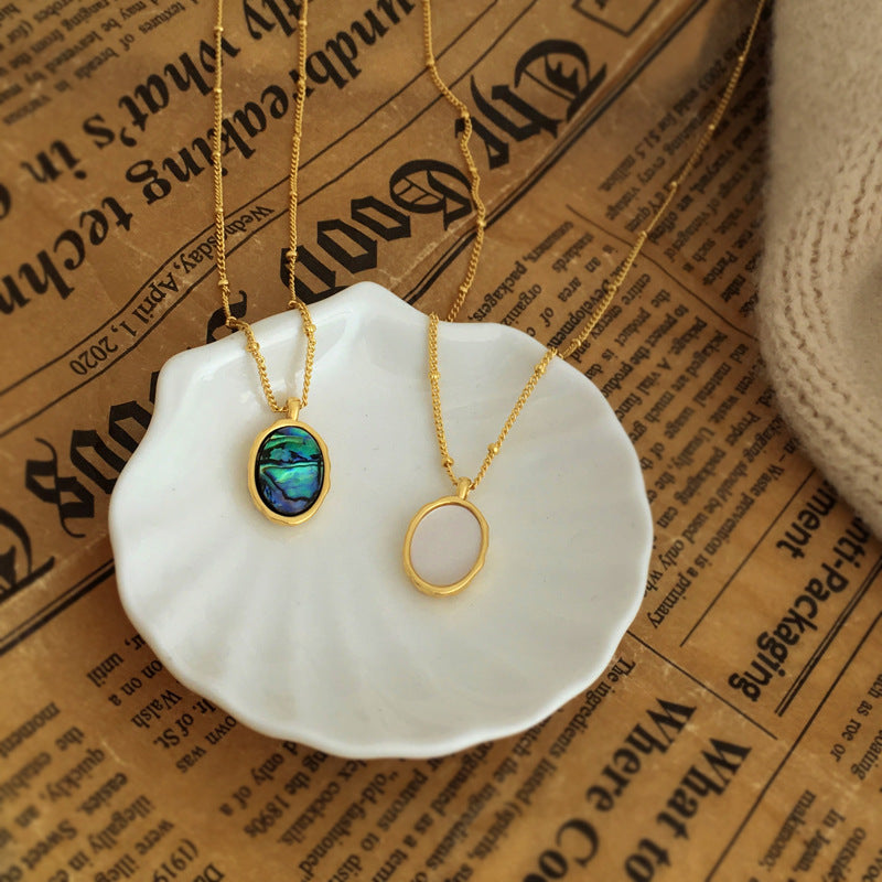 [DF]Copper plated real gold vintage emerald green geometric pendant necklace personality irregular shell necklace collarbone chain