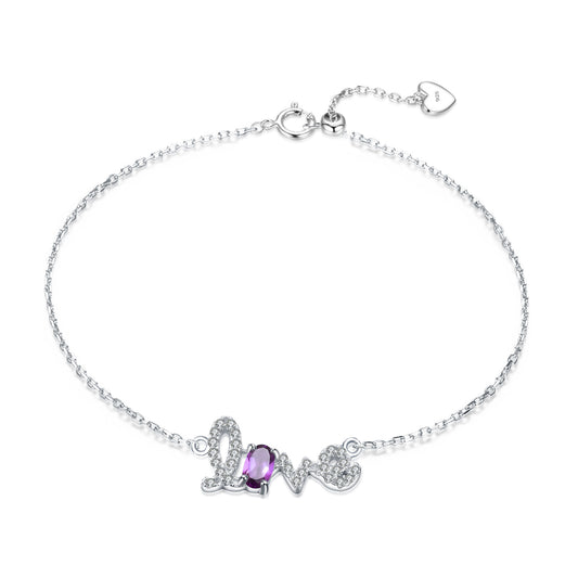 Pulsera de amatista natural de lujo para mujer, pulsera con letra LOVE en plata de ley s925