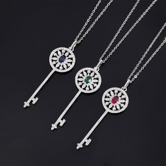 S925 Silver Imitation Colored Gem Full Diamond Round Inlay Key Women's Necklace Pendant Center Stone 4*6