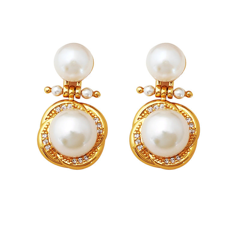 【DF】Copper plated genuine gold S925 silver needle, light luxury, retro, niche cultured pearl earrings, inset style, high-end feel earrings