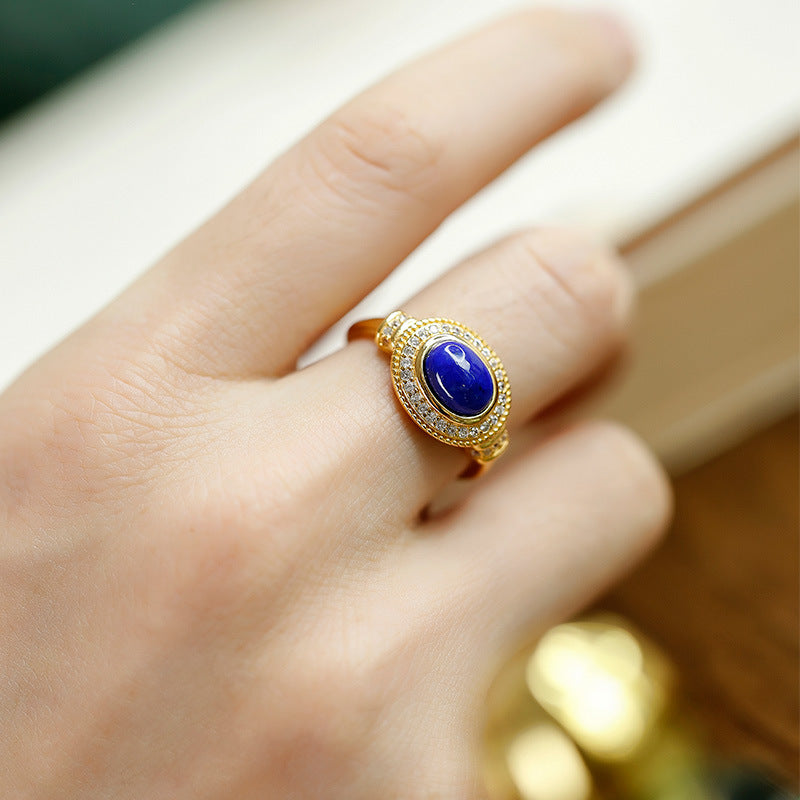 S925 Silver Inlaid Lapis lazuli Ring with Gold Plating Versatile