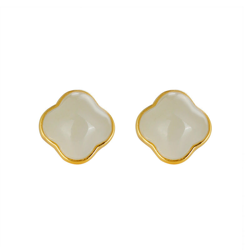 Boucles d'oreilles en forme de trèfle à quatre feuilles, incrustées d'argent S925, Hotan Jade, simples et polyvalentes