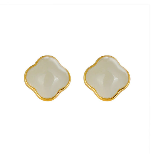 Boucles d'oreilles en forme de trèfle à quatre feuilles, incrustées d'argent S925, Hotan Jade, simples et polyvalentes