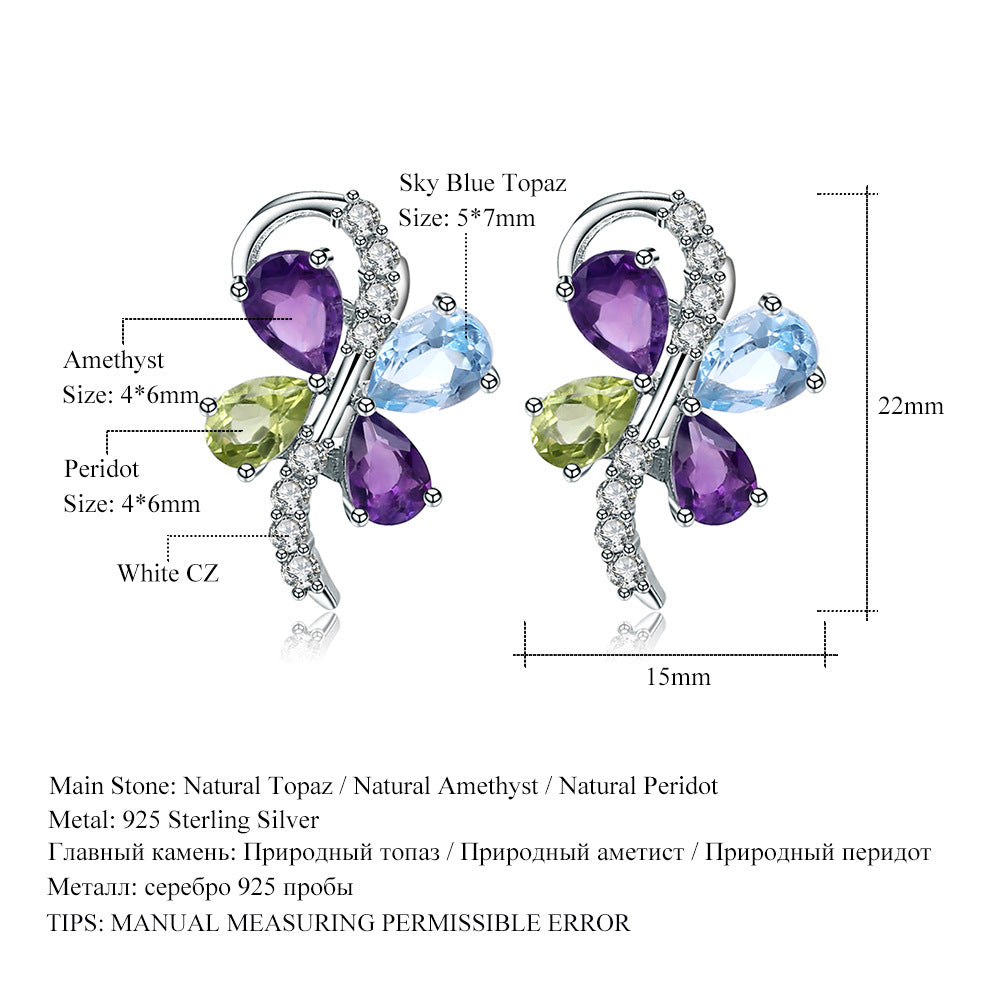 Natural gemstone earrings, high-end butterfly shaped gemstone 925 silver earrings and earrings