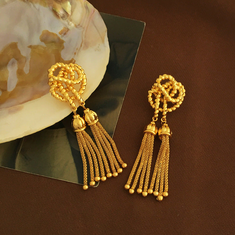 [DF]Copper plated genuine gold S925 silver needle creative knot design earrings with vintage thread tassel earrings and long earrings