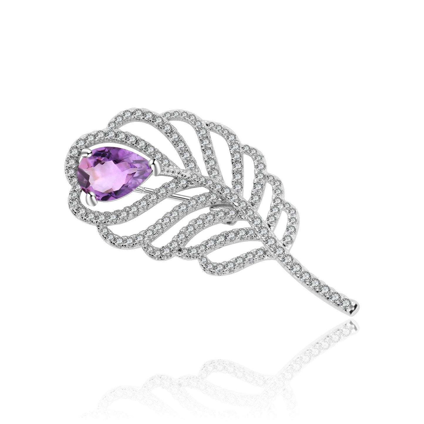 Designer's natural amethyst feather brooch banquet dress paired with high-end design s925 silver brooch