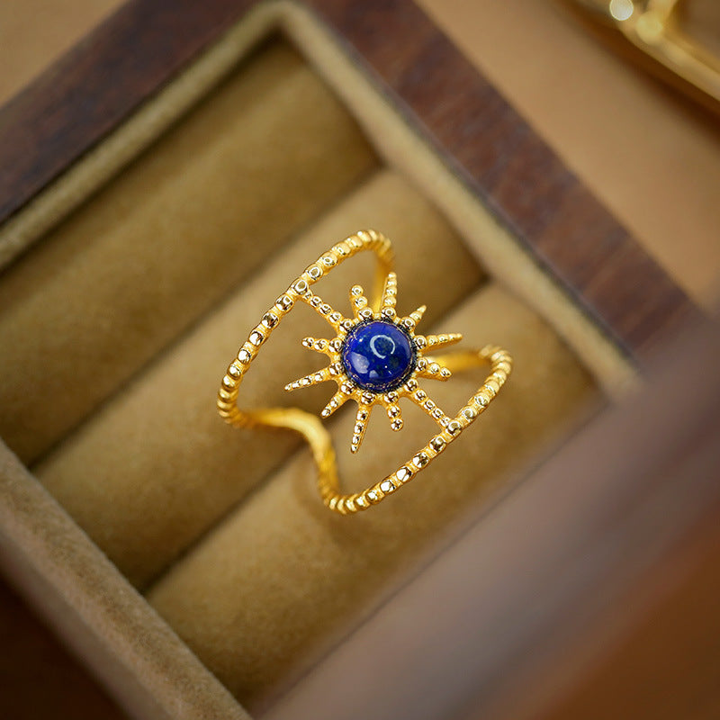 S925 silver inlaid lapis lazuli ring with hollowed out opening