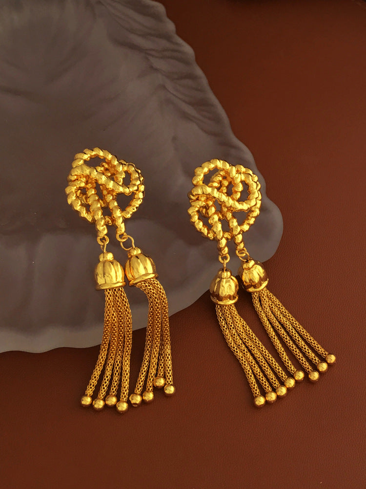 [DF]Copper plated genuine gold S925 silver needle creative knot design earrings with vintage thread tassel earrings and long earrings