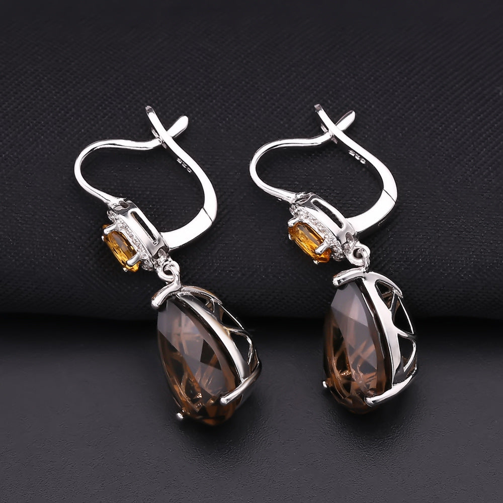 Boucles d'oreilles en forme de poire avec pierres précieuses naturelles en argent s925 incrustées de cristaux de thé naturels