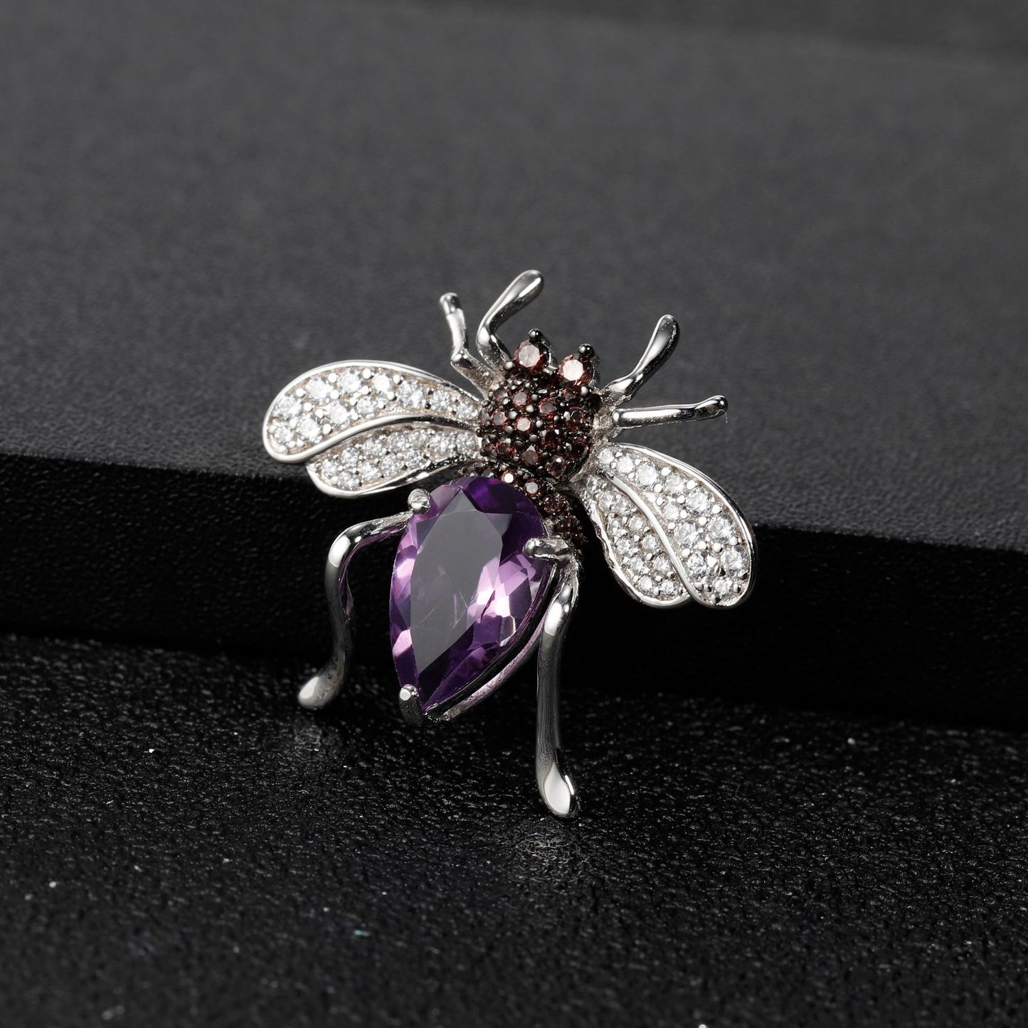 Natural amethyst designer brooch insect design s925 sterling silver inlaid with natural color treasure brooch